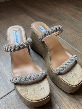 Steve Madden Beige Cork Platform Braided-Strap Wedge Sandals